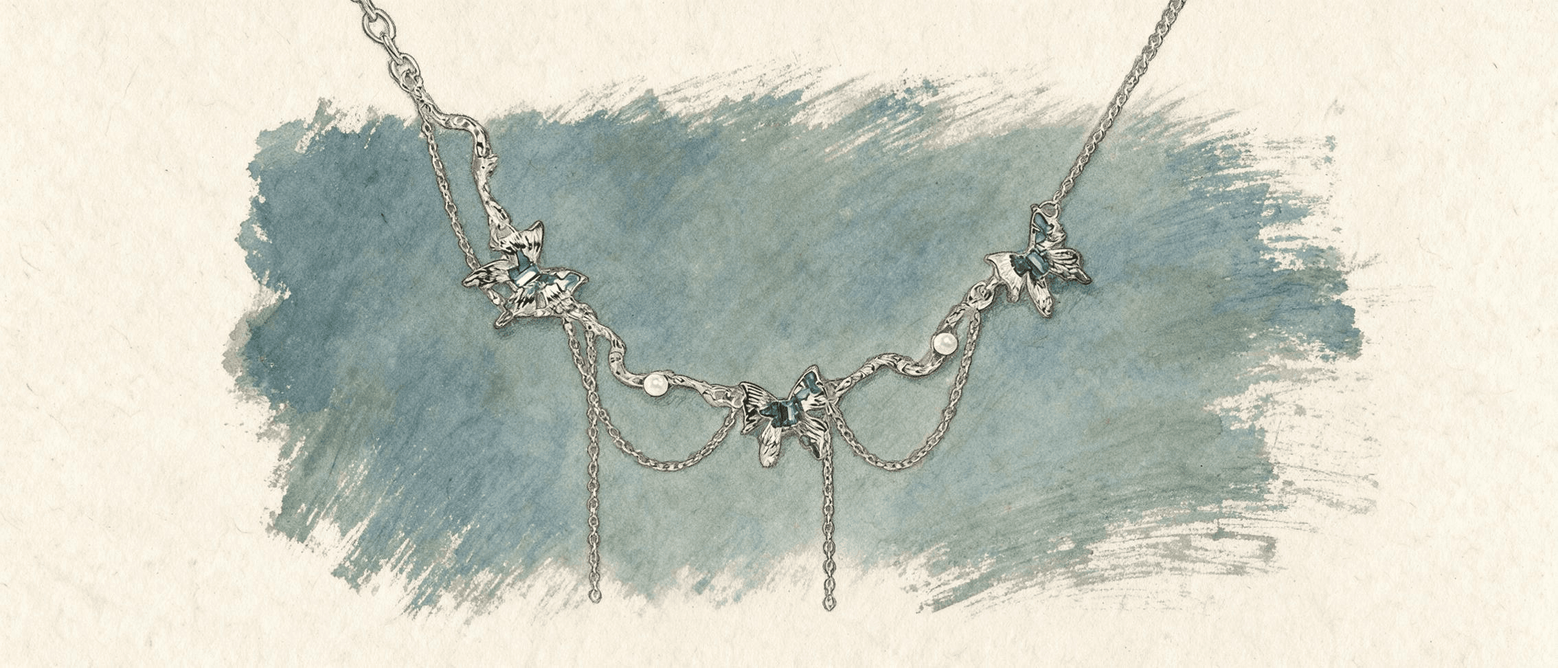 Watercolor illustration of a silver butterfly necklace