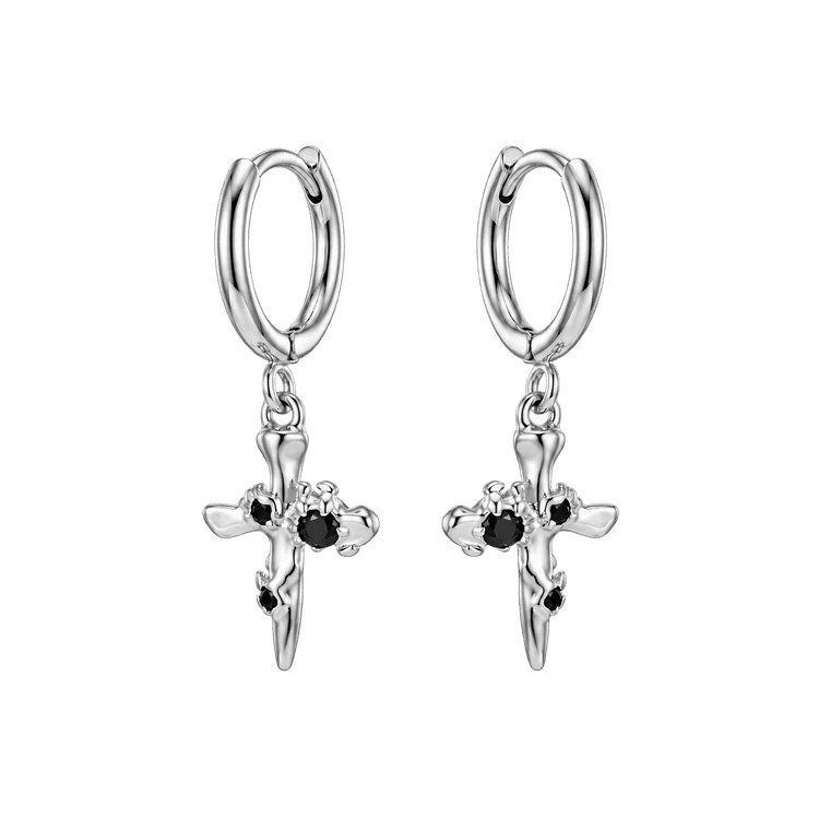 Midnight Cross Hoop Earrings in Silver and Black